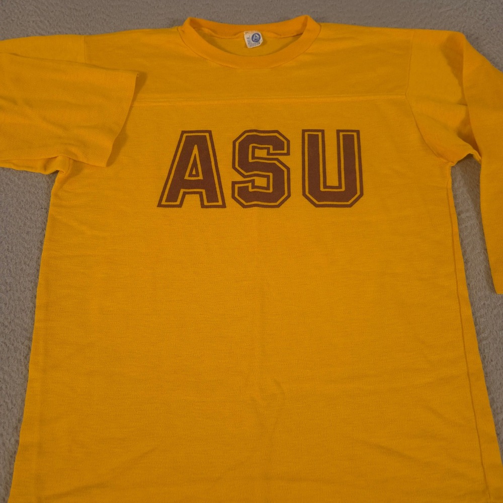 VINTAGE Artex Shirt Mens M Yellow ASU Cotton Waffle Knit Thermal Graphic Tee 90s